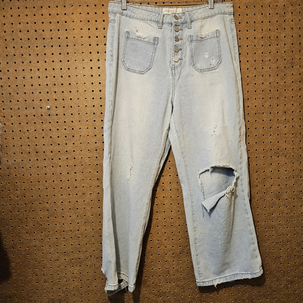 Banjara Lightwashed Denim Blue Jeans Distressed Buttonfly Cropped Ankle 11/29